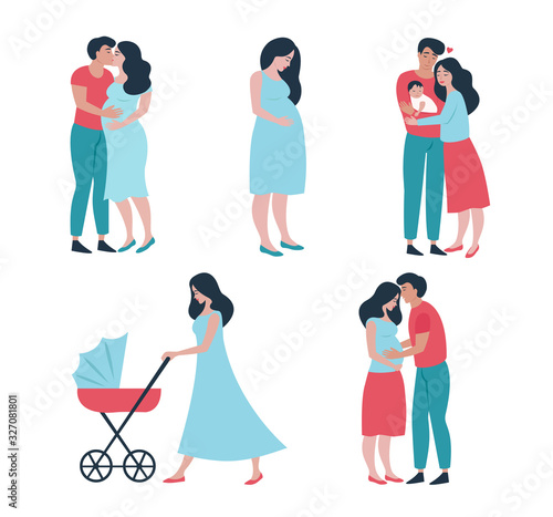 Happy loving young couple waiting for a baby. Pregnant young beautiful woman. Parents with newborn baby. Young woman with baby stroller. Vector illustration isolated on white background