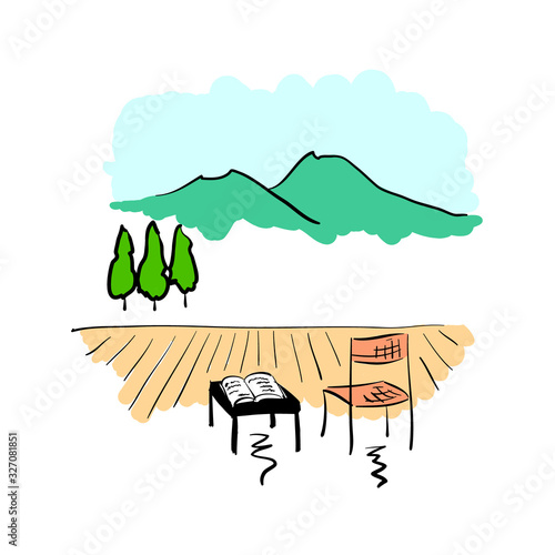 夏山とウッドデッキの避暑地