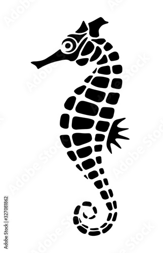 Vector black silhouette of a seahorse isolated on a white background.