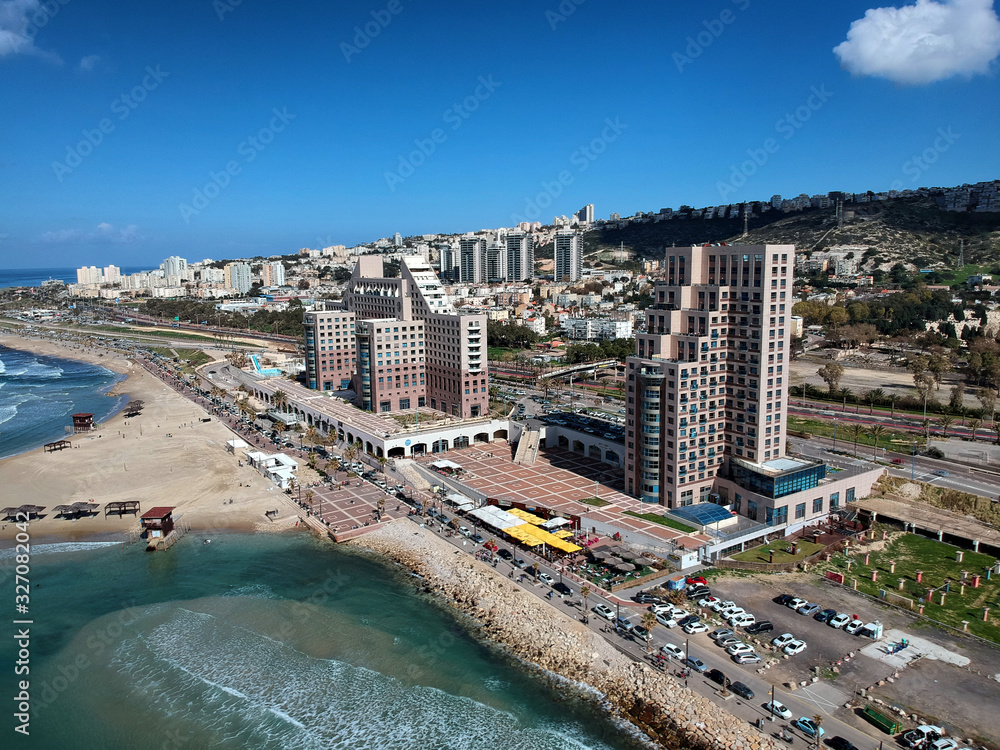 Carmel beach Haifa and the hotels areal shot from the sea 