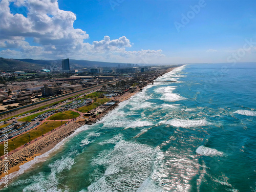 Carmel beach Haifa and the hotels areal shot from the sea 