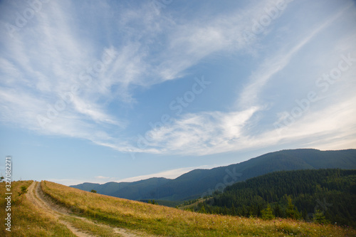 Carpathian landscape. Hiking. Rural landscape in Carpatians, Mount Kostrycha, Ukraine. Coniferous forest and beautiful sky above mountains. Panorama of mountains from under the Beech tree © Olga Mishyna
