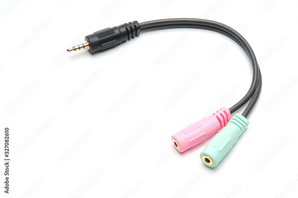 Audio video adapter cable with trrs jack to trs connectors on a white background Audio video adapter cable with trrs jack to trs connectors on a white background