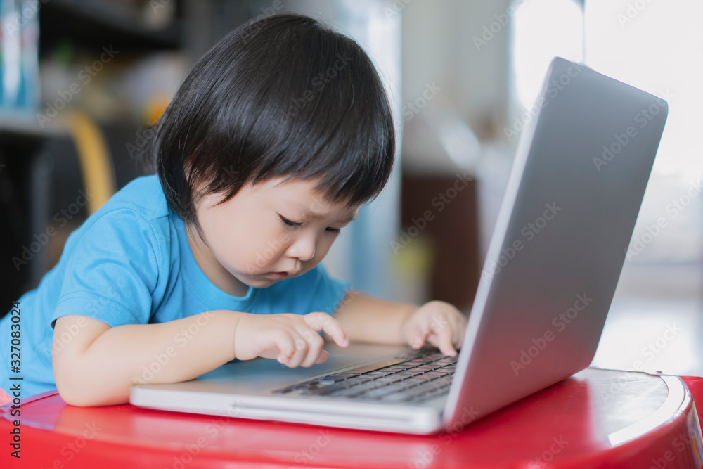 IT education, elementary school, learning, technology   for people life concept,2 years old child having fun using laptop,little Asian girl with a computer at home.asia baby plays indoors using pc.