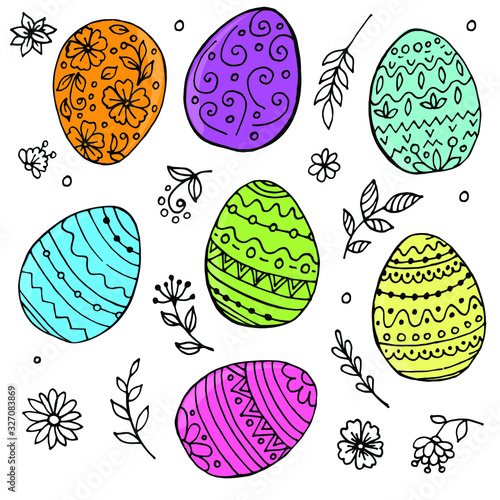 Easter egg Doodle decorated with figures and leaves and flowers on a white background