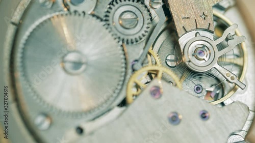 A gear and a mainspring are moving in a watch mechanism