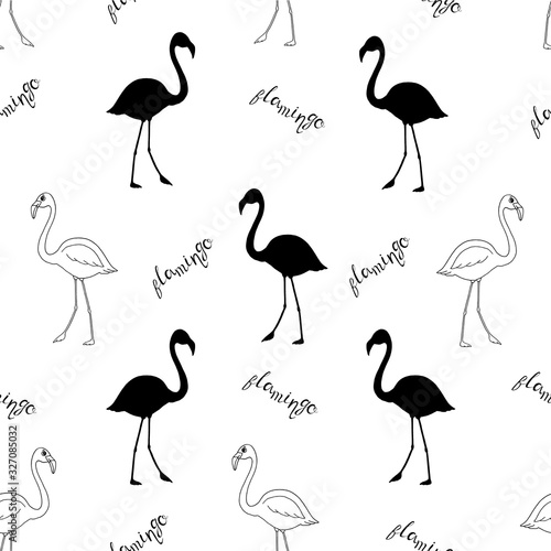 Seamless pattern with flamingos and handwritten text on white background.  Good for fabric print  wrapping  wallpapers  etc. Hand-drawn vector illustration.