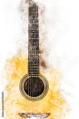 Abstrac close-up acoustic guitar foreground on watercolor illustration painting background.