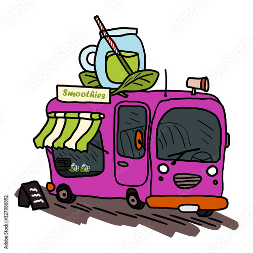 Smoothie food truck with healthy drinks full of vitamins. Isolated hand drawn vector doodle illustration.