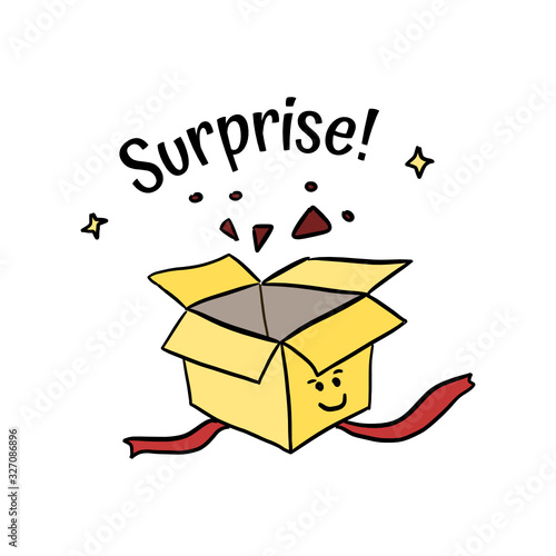 Surprise in an open box with a text "Surprise!". Happy hand drawn vector illustration, isolated.