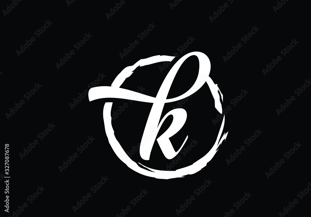 Script letter K in a brush circle on black background, Monogram Calligraphy hand drawn alphabet initials and brush circle. Script letter K in a brush circle on black background, Monogram Calligraphy hand drawn alphabet initials and brush circle.