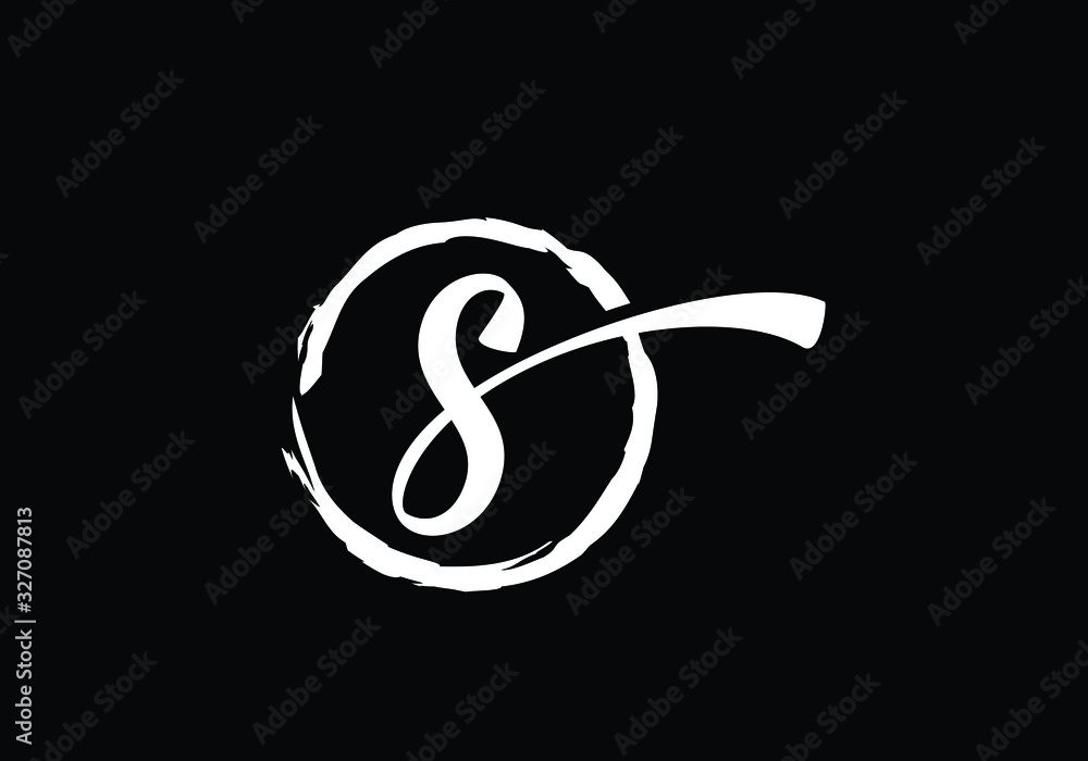 Script letter S in a brush circle on black background, Monogram Calligraphy hand drawn alphabet initials and brush circle. Script letter S in a brush circle on black background, Monogram Calligraphy hand drawn alphabet initials and brush circle.
