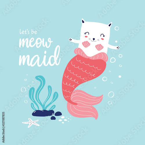 Hand drawing mermaid cat illustration vector for girls print design.