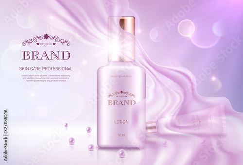 Realistic lotion bottle and serum tube with golden lids on pink bokeh background with smooth transparent chiffon fabric. Advertising poster for the promotion of cosmetic skin care premium product