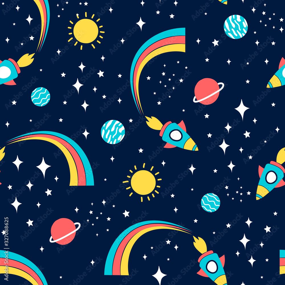 Vector sketch space seamless pattern for boys. Hand-drawing vector ...