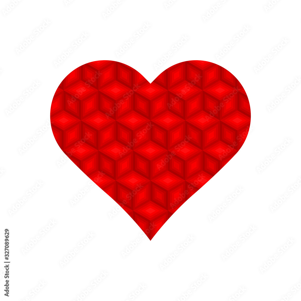 Red 3d cubes repeat pattern in heart symbol vector isolated on white background.