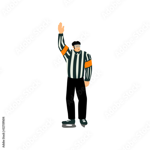 Delayed penalty. Ice Hockey referee signal. Cartoon character.