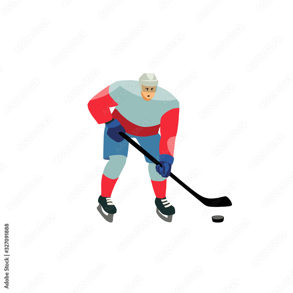 Obraz premium Young man preparing to hit the puck with a stick. Isolated cartoon character.