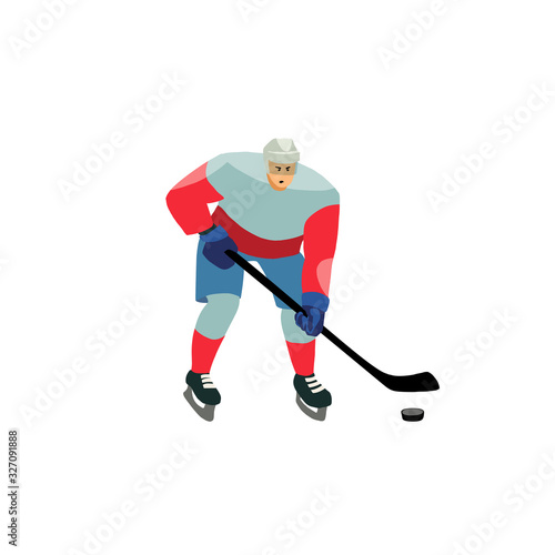 Young man preparing to hit the puck with a stick. Isolated cartoon character.