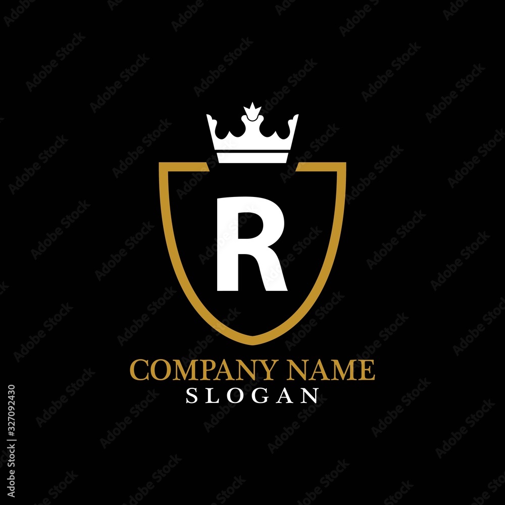 Illustration of Shield Shape with letter R in the middle and Luxury Crown. Logo Icon Template for Web and Business Card, Letter Logo Template on Black Background Illustration of Shield Shape with letter R in the middle and Luxury Crown. Logo Icon Template for Web and Business Card, Letter Logo Template on Black Background