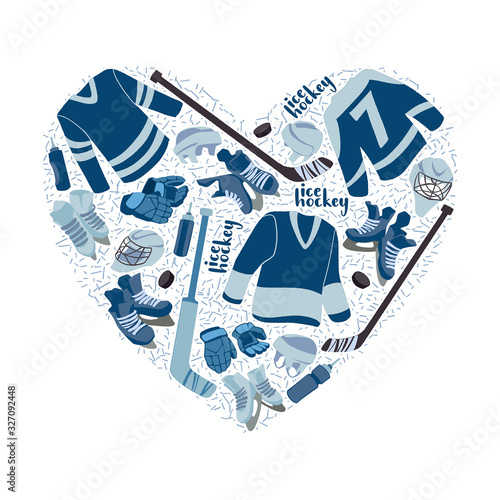 Ice Hockey hand drawn pattern heart shape. Puck, equipment of hockey player with hockey-stick. 