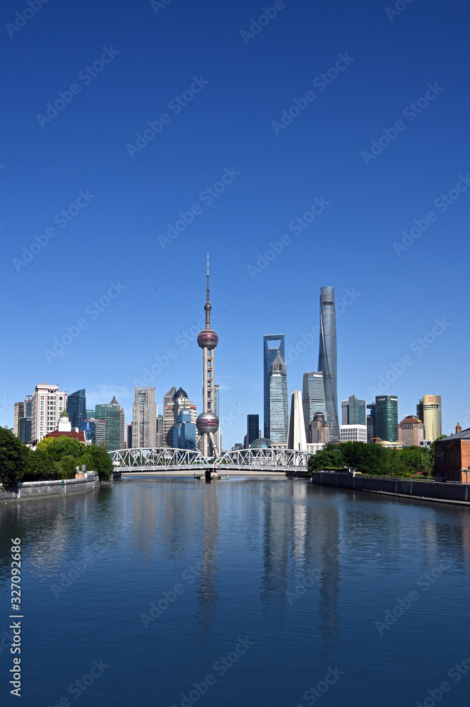High rise landmark buildings along the skyline of Shanghai, China