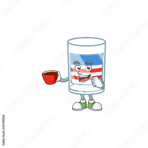 Cool USA stripes glass cartoon character with a cup of coffee