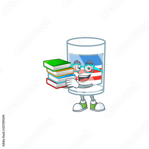 A brainy clever cartoon character of USA stripes glass studying with some books
