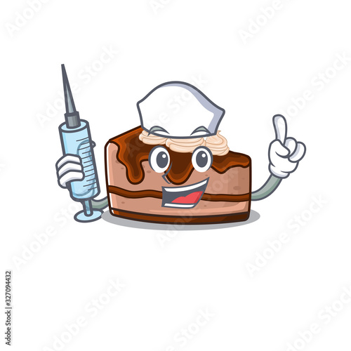 A chocolate cheesecake hospitable Nurse character with a syringe
