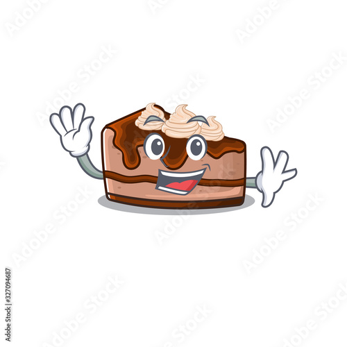Waving friendly chocolate cheesecake mascot design style