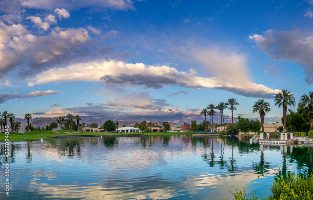 View of water features on a golf course  in Palm Desert, CA.Palm Desert and Palm Springs are popular golf destinations. 