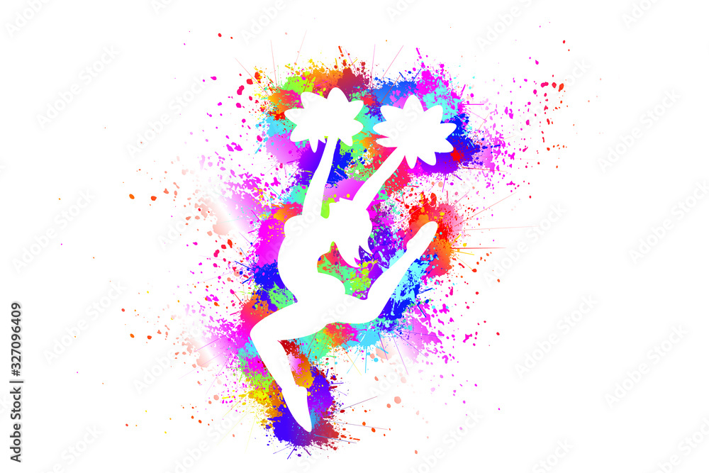 Cheerleader Logo Design. Sports Background. Colorful Dancing bright ink splashes. White silhouette of girl leading. Pom Poms, Icon, Symbol, Exercises, Equipment, Healthcare. Vector illustration.