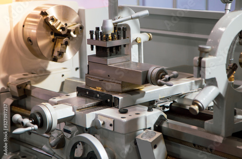 Close up of lathe machine in industrial workshop