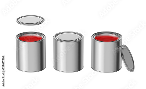 Paint cans realistic. The red color in the bucket. Metal tin can containers isolated on white background, 3d rendering