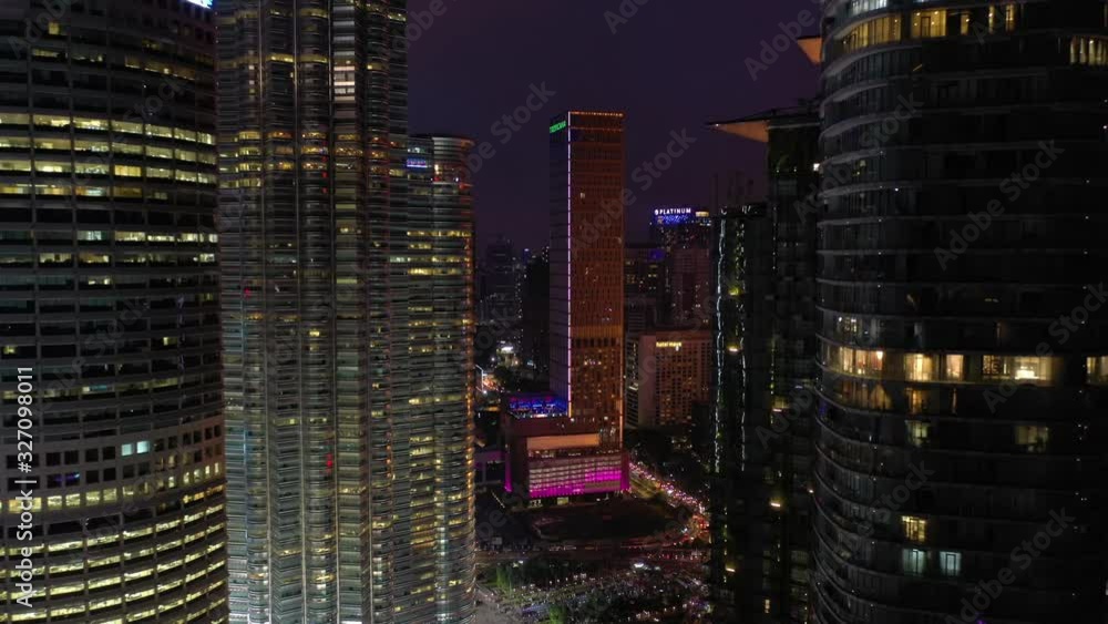 night time kuala lumpur city center famous towers facade aerial panorama 4k malaysia night time kuala lumpur city center famous towers facade aerial panorama 4k malaysia
