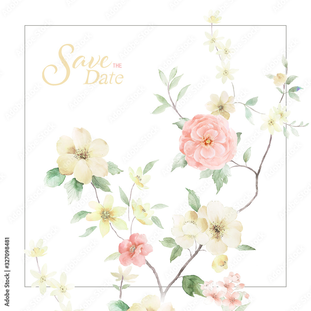 Greeting card with roses, watercolor, can be used as invitation card for wedding, birthday and other holiday and summer background