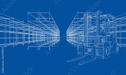 Warehouse shelves and forklift. Vector