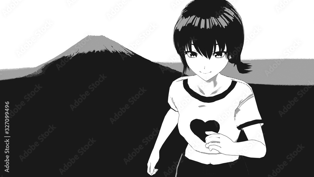 Anime Girl Comic Cartoon Character in T Shirt standing in front of a Mount  Fuji Japan Landscape background with a confident smile it's Anime Manga Girl  in black and white Stock Illustration |