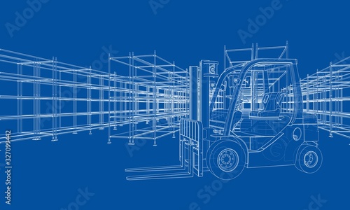 Warehouse shelves and forklift. Vector