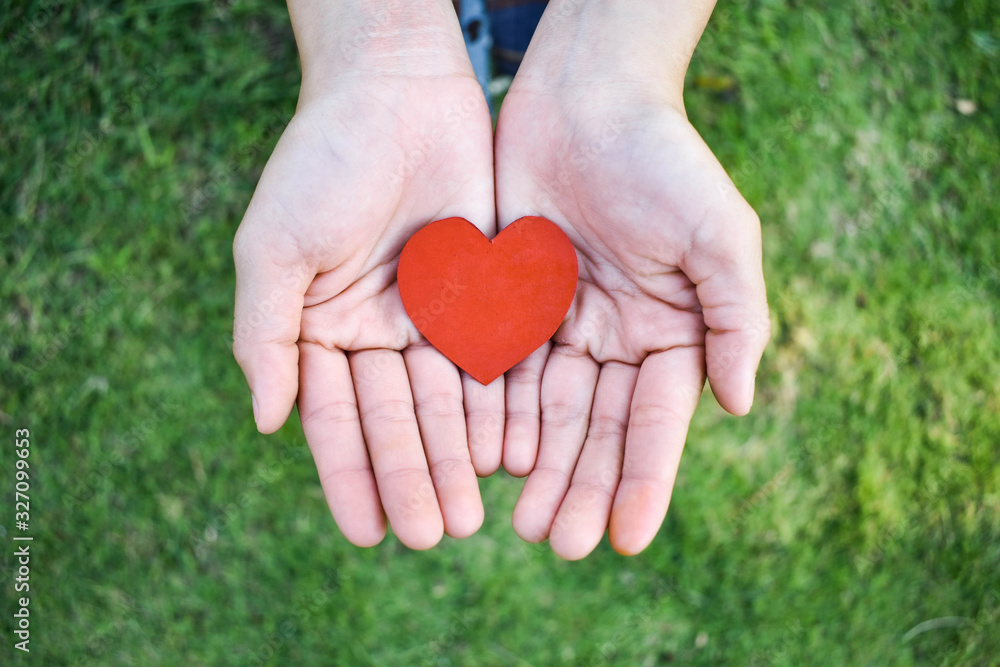 A red heart cut from paper in a woman's hand A red heart cut from paper in a woman's hand