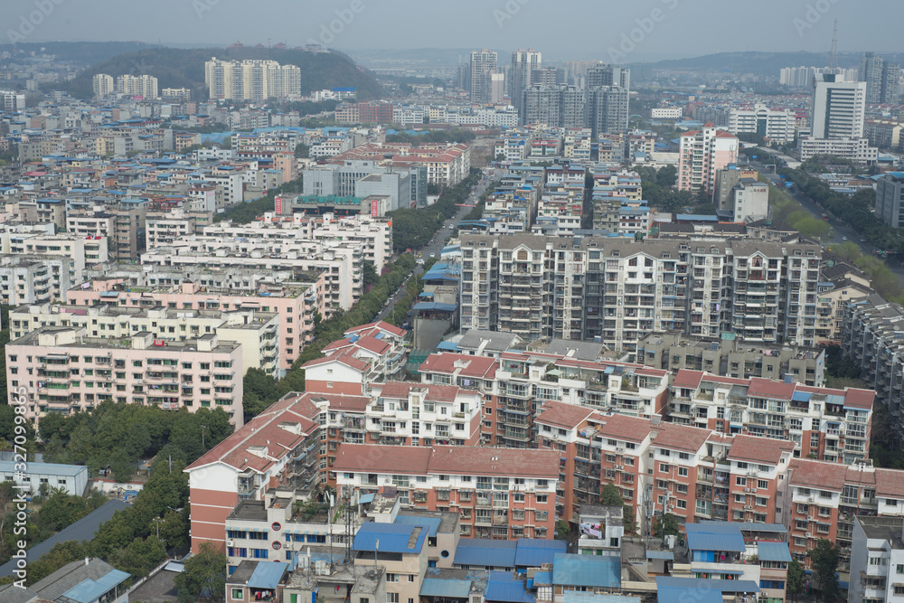 mianyang,china-Mar 11,2018:gutter area with blue roof. mianyang,china-Mar 11,2018:gutter area with blue roof.