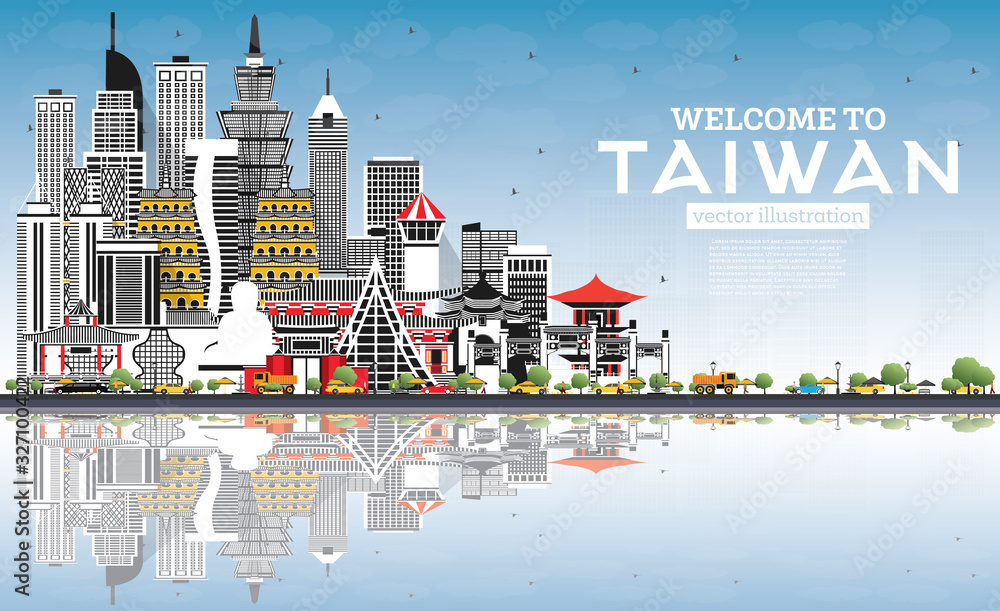 Welcome to Taiwan City Skyline with Gray Buildings, Blue Sky and Reflections.
