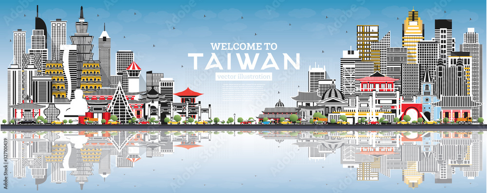 Fototapeta premium Witamy w Skyline Tajwanu z szarymi budynkami, błękitnym niebem i odbiciami.