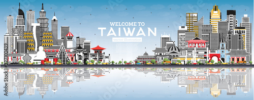Welcome to Taiwan City Skyline with Gray Buildings, Blue Sky and Reflections.