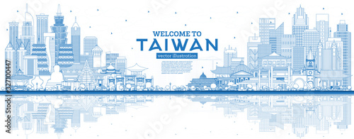 Outline Welcome to Taiwan City Skyline with Blue Buildings and Reflections.