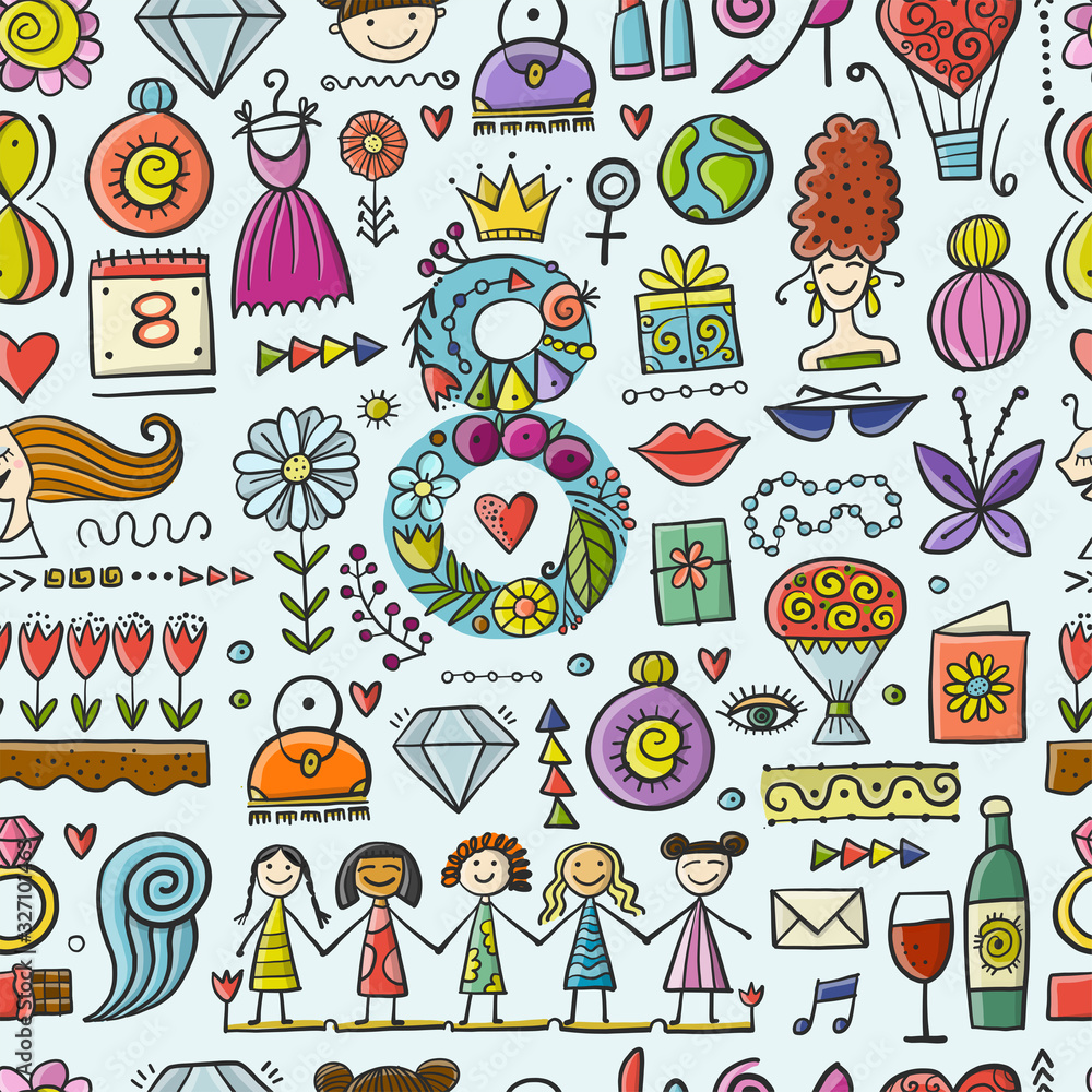 Seamless pattern background for your design. Idea for wallpaper, fabric, wrapping paper. International Women s Day. 8th of march. Female holiday Seamless pattern background for your design. Idea for wallpaper, fabric, wrapping paper. International Women s Day. 8th of march. Female holiday