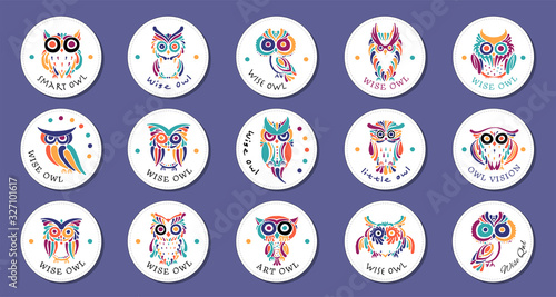 Cute owls coloful collection, logo design template