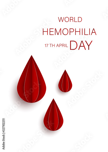 World Hemophilia Day card 17 april. Paper art vector illustration contains red bleeding heart on red background. Medical concept in the care of patients with hemophilia