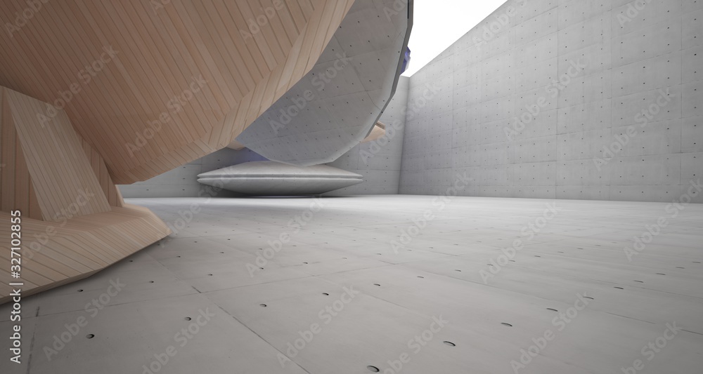 Abstract architectural background interior made of wood, concrete and glass. 3D illustration and rendering. Abstract architectural background interior made of wood, concrete and glass. 3D illustration and rendering.