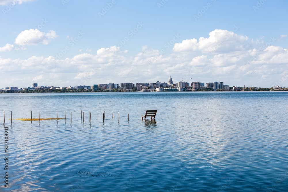 Madison Wisconsin across Lake Monona, high flood water level in lake